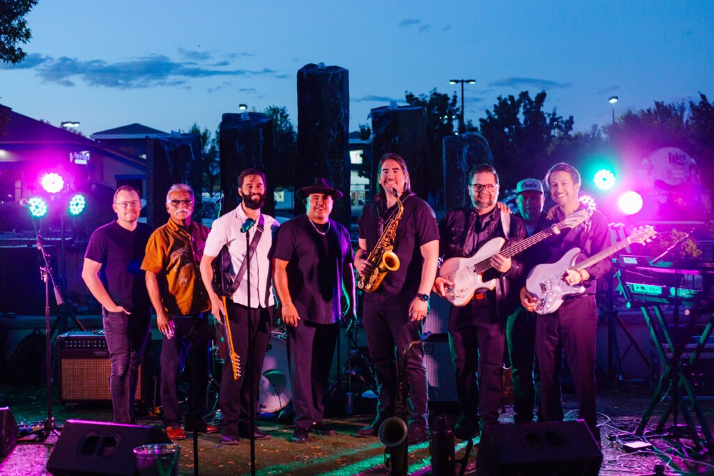 The seven-piece Órale Band performing on stage live at Maddies in Boise, Idaho