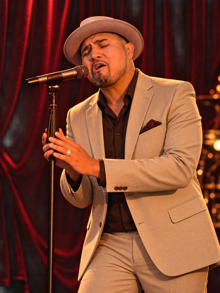 Órale Band lead vocalist in a tan suit and hat singing at the microphone